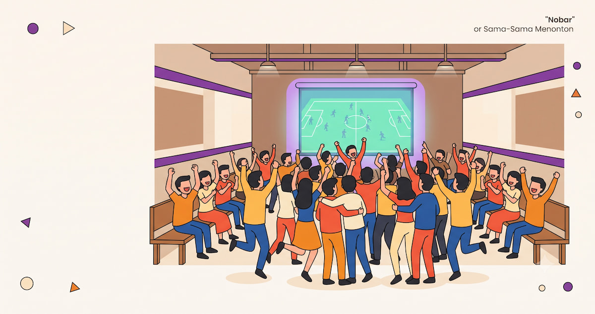 Venue nobar kecil, puluhan orang melompat, berteriak, berpelukan, layar di latar belakang