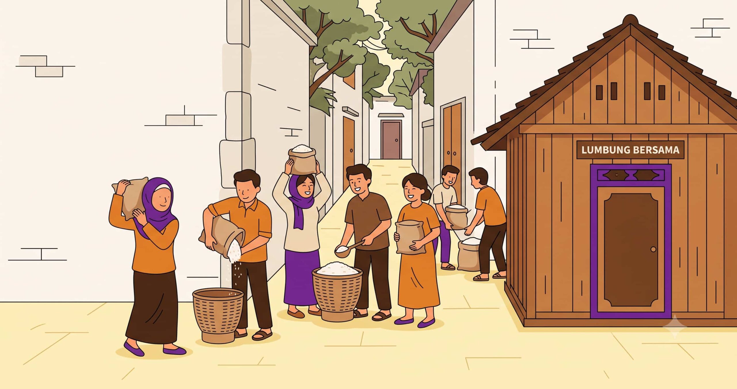 Gang sempit perkotaan, lumbung kayu, 5-7 orang gotong royong mengumpulkan beras